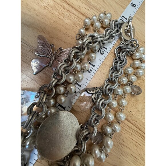 Lenora Dame Vintage Multi-Charm Necklace With Silver Chain & Pearl Strands Featu - Picture 7 of 16